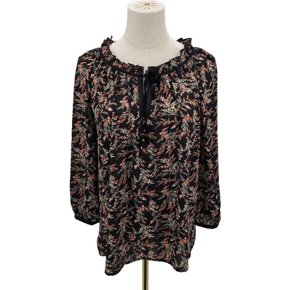Bellatrix Womens 3/4‎ Sleeve Floral Ruffle Neck Blouse Top M Boho Casual Career